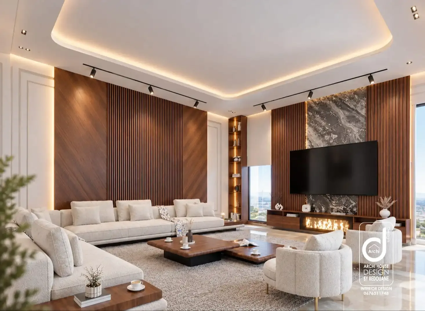 Living room with walnut and marble walls, fireplace and indirect lighting