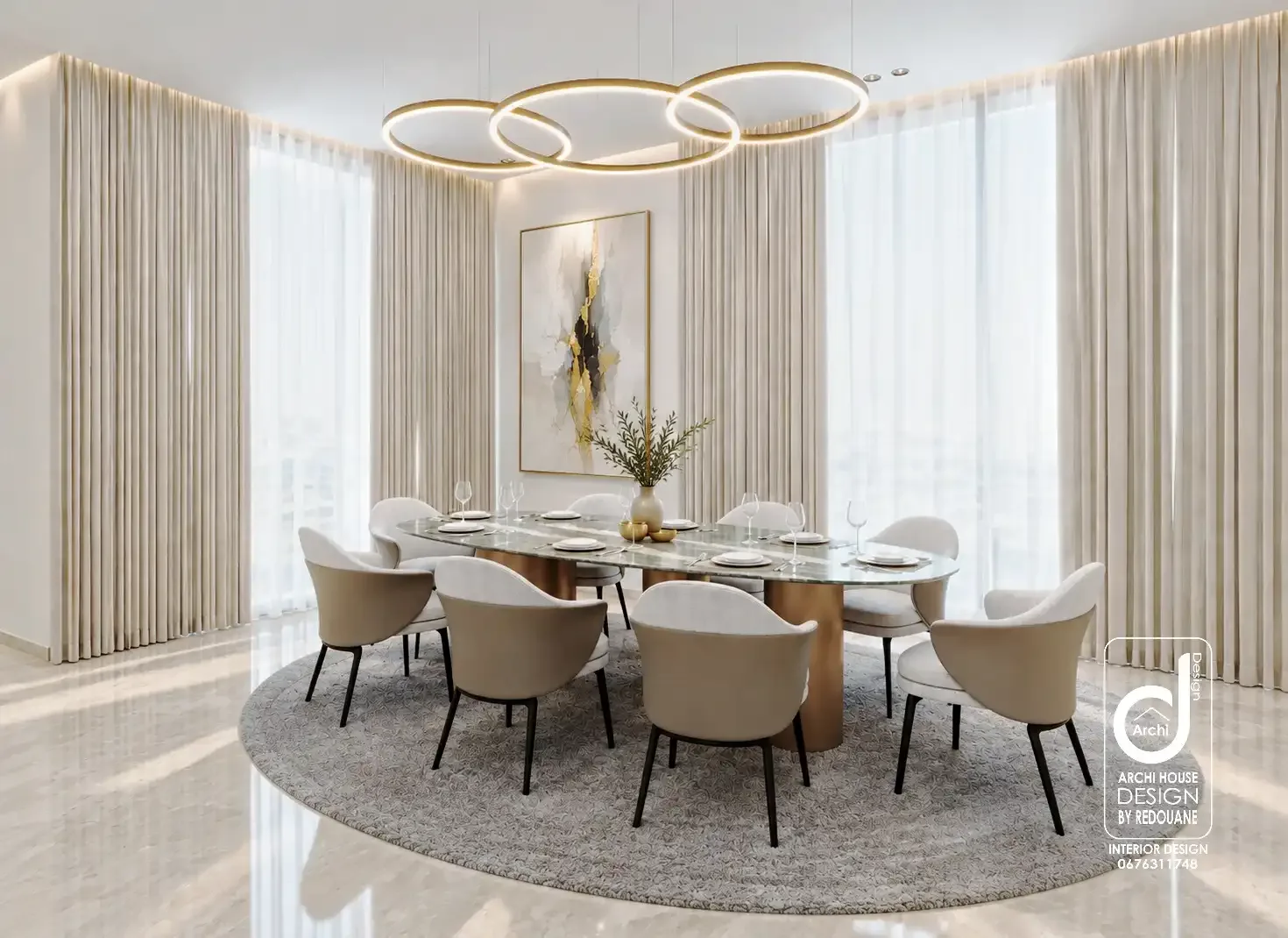 Dining room with golden ring chandelier and curtains