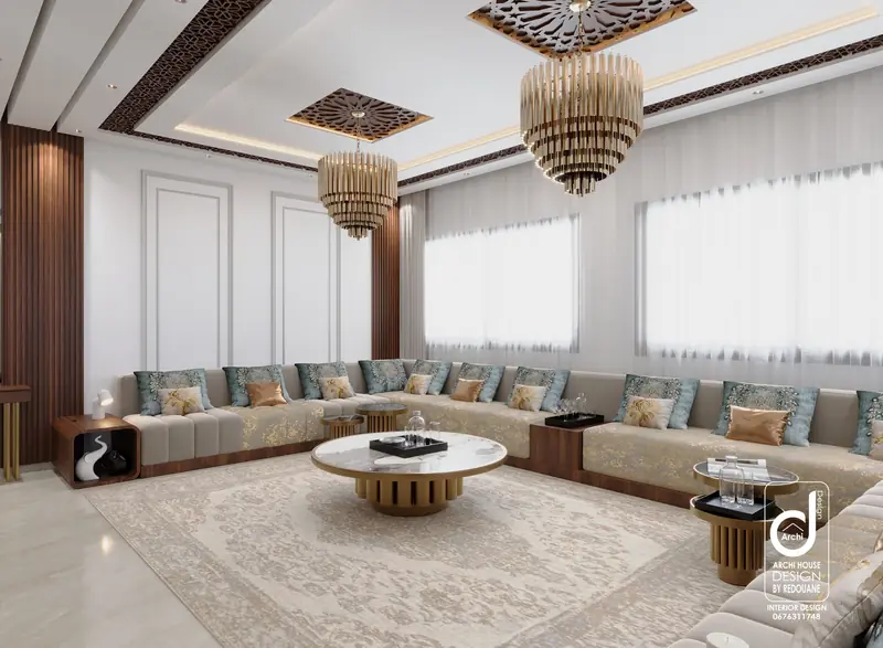 Golden chandeliers and sculpted ceiling