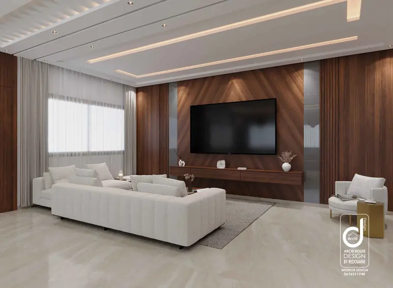 Living room with walnut TV wall